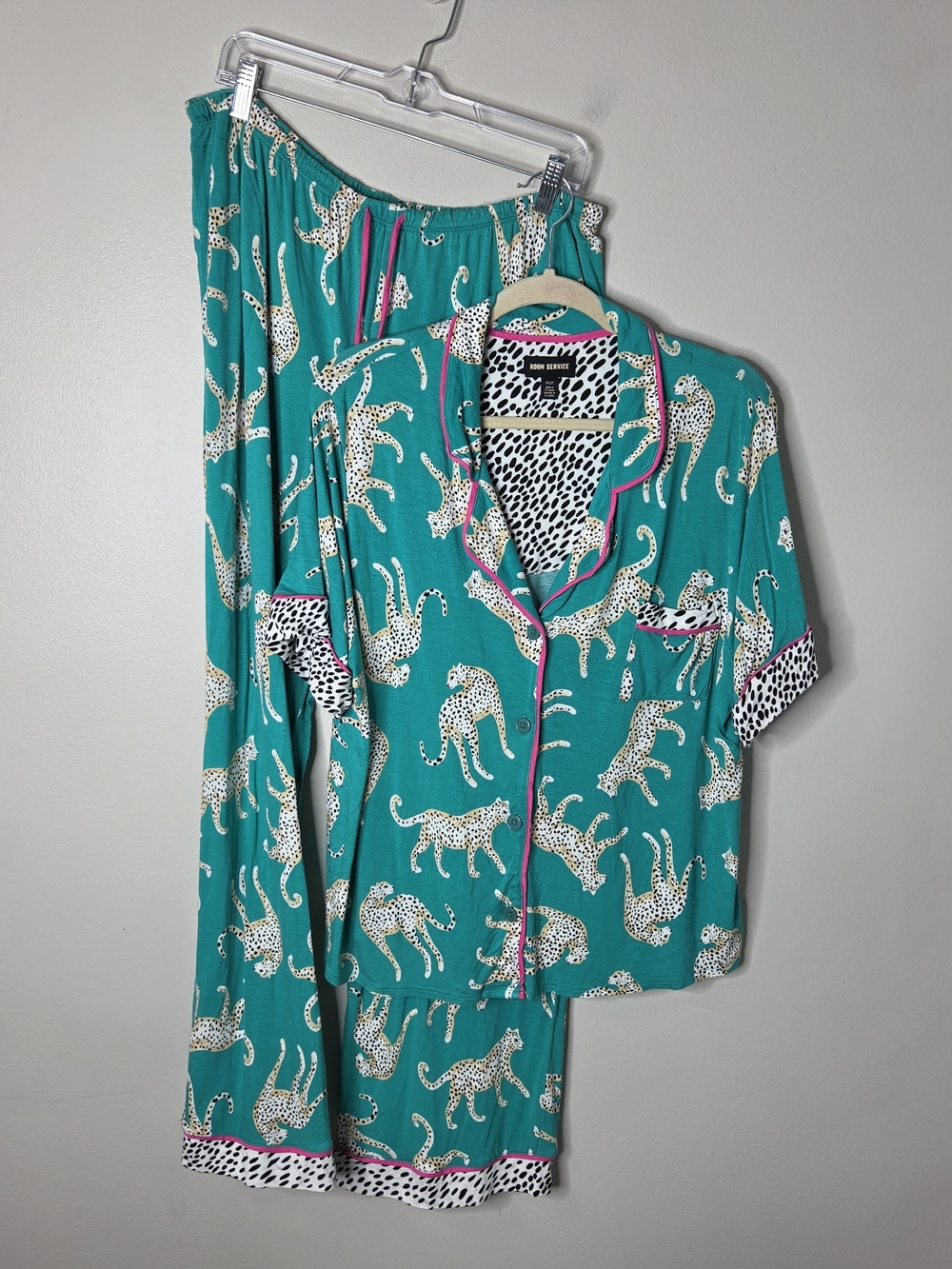 Room Service Women’s Teal Cheetah-Print Pajama Set with Pink Trim